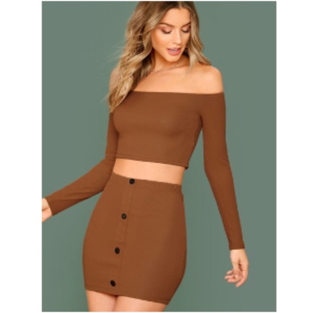 NWT Shein Ribbed Knit Crop Top and Button Front Skirt Set